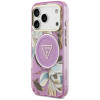 Guess IML Glitter Flowers Triangle MagSafe Case for Apple iPhone 18 Pro Max / 17 Pro Max, purple