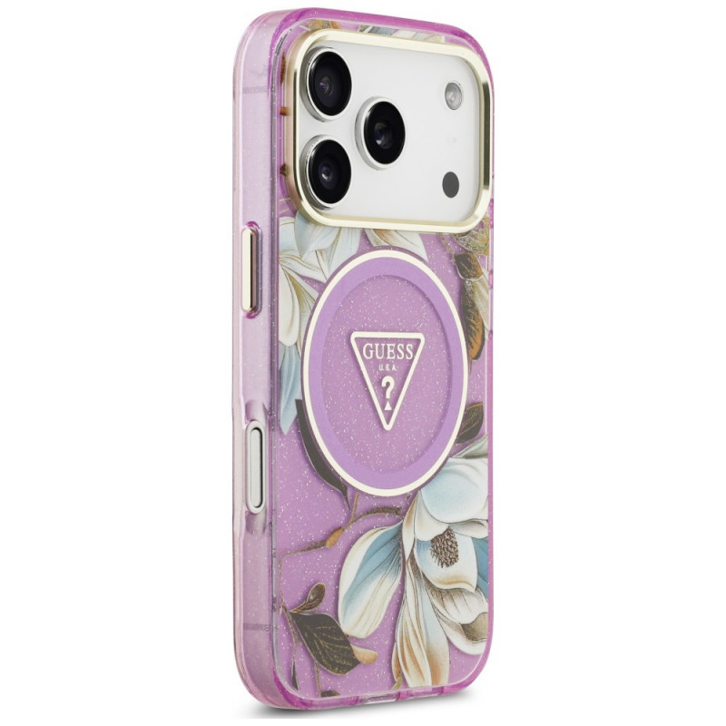 Guess IML Glitter Flowers Triangle MagSafe Case for Apple iPhone 18 Pro Max / 17 Pro Max, purple