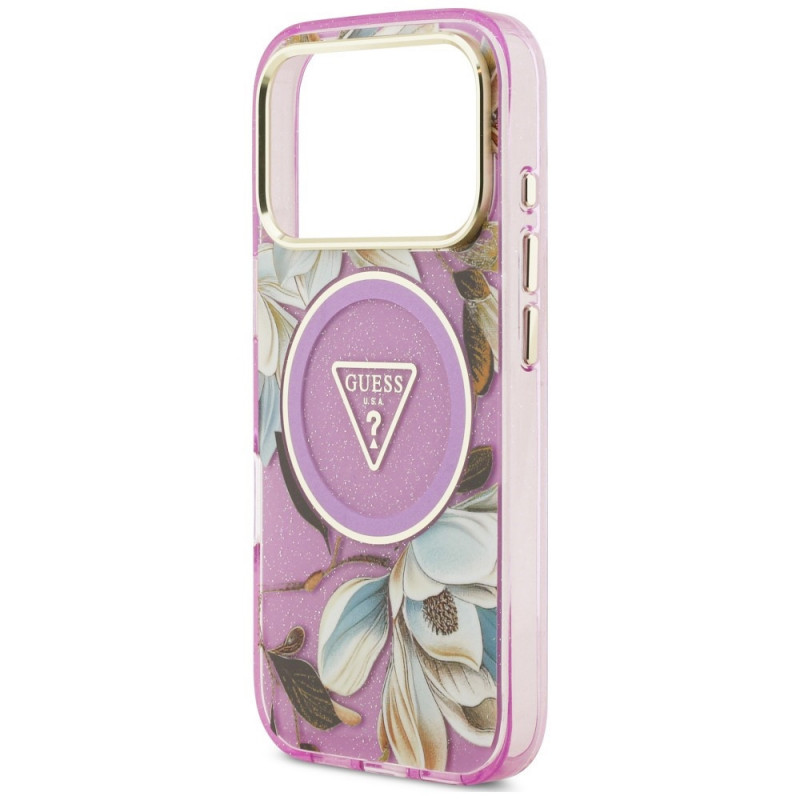 Guess IML Glitter Flowers Triangle MagSafe Case for Apple iPhone 18 Pro Max / 17 Pro Max, purple