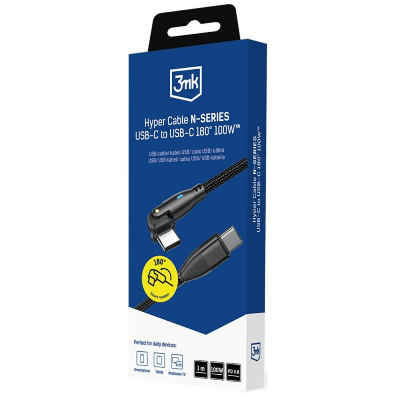 3MK Hyper Cable N-SERIES USB-C to USB-C cable with 180° swivel tip, 1 m, 100 W, Black