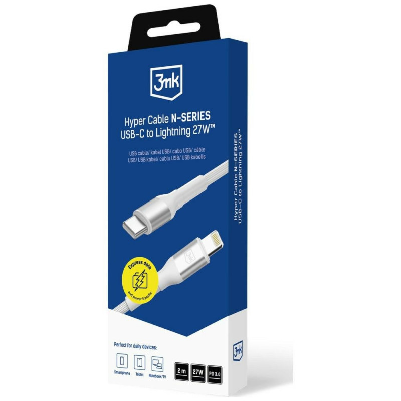 3MK Hyper Cable N-SERIES USB-C to Lightning cable, 2 m, 27 W, White
