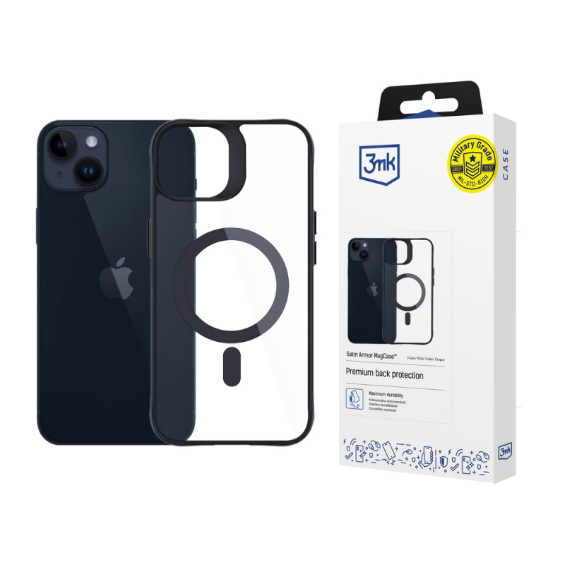 3MK Satin Armor MagCase with MagSafe for Apple iPhone 14 Plus, Clear with Black Frame (156076-0)