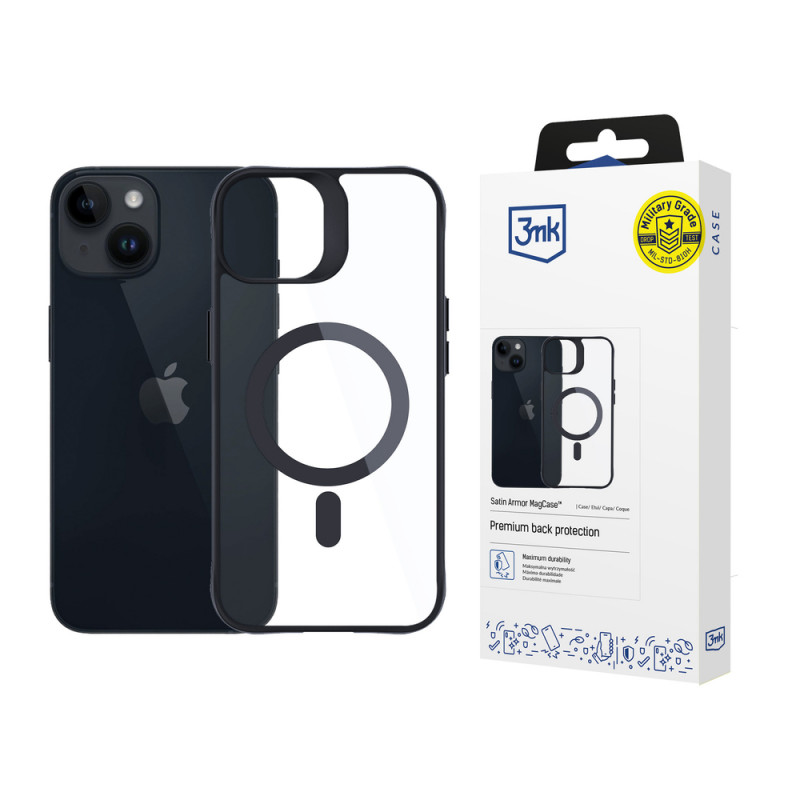 3MK Satin Armor MagCase with MagSafe for Apple iPhone 13 / 14, Transparent with Black Frame (156075-0)