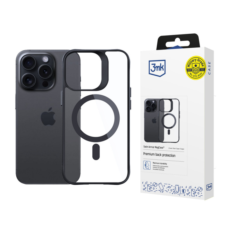 3MK Satin Armor MagCase with MagSafe for Apple iPhone 15 Pro, Transparent with Black Frame
