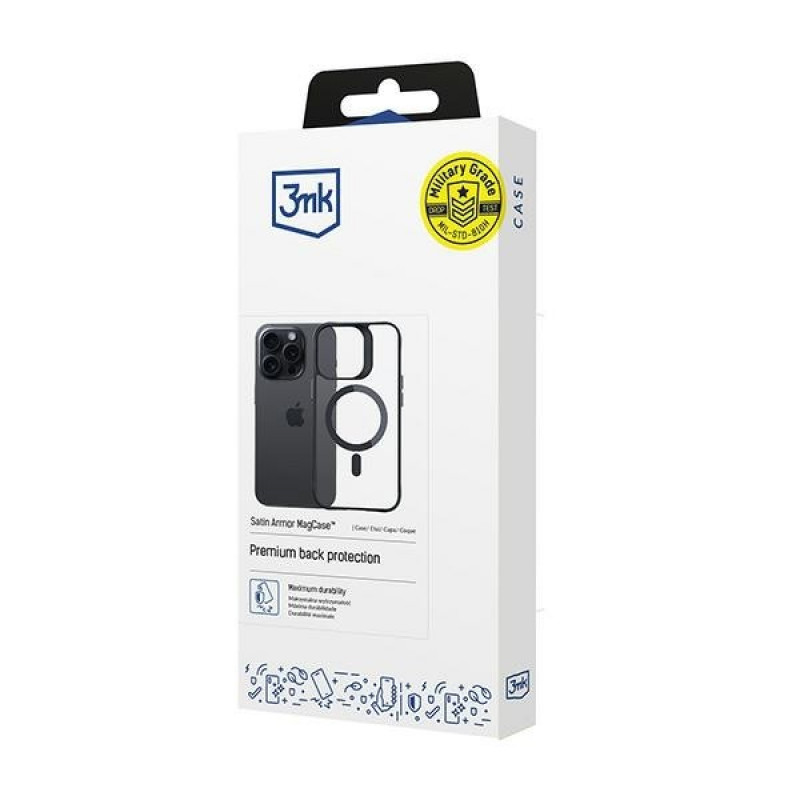 3MK Satin Armor MagCase with MagSafe for Apple iPhone 15 Pro, Transparent with Black Frame
