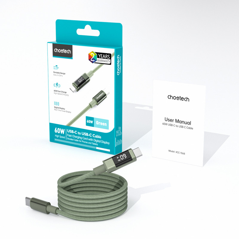 Choetech XCC-1068 PD 60W USB-C to USB-C Cable with Display, 1.2 m, Green