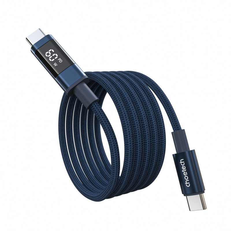 Choetech XCC-1068 PD 60W USB-C to USB-C Cable with Display, 1.2 m, Blue