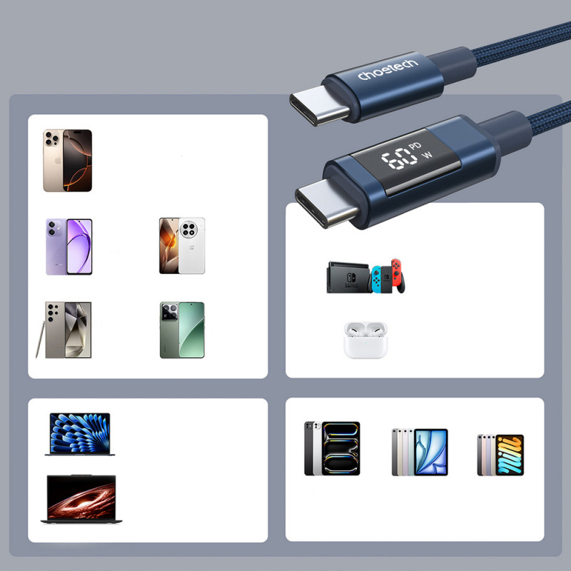 Choetech XCC-1068 PD 60W USB-C to USB-C Cable with Display, 1.2 m, Blue