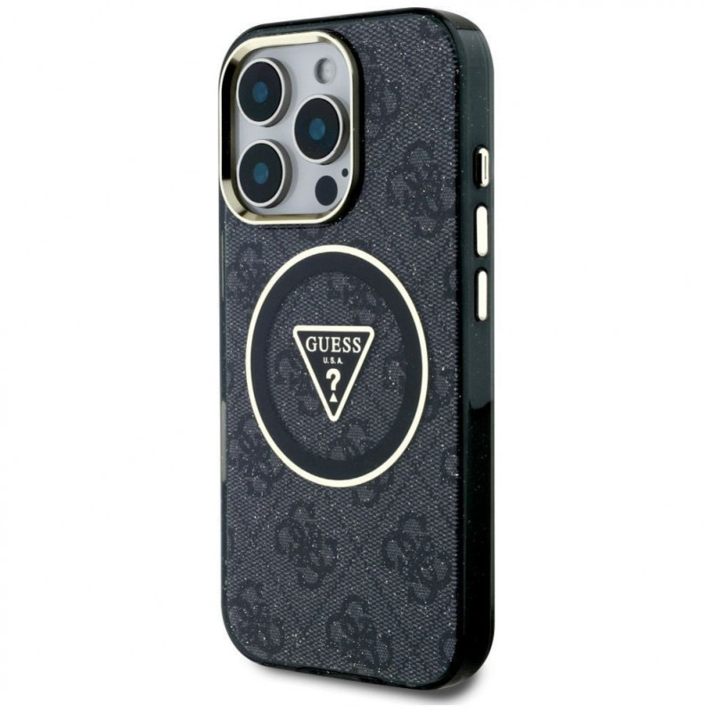 Guess GUHMP16LHG4PRTGK IML Metal Glitter 4G Circle Triangle MagSafe Case for Apple iPhone 16 Pro, black