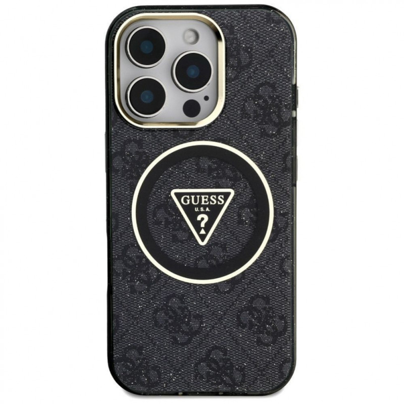 Guess GUHMP16LHG4PRTGK IML Metal Glitter 4G Circle Triangle MagSafe Case for Apple iPhone 16 Pro, black