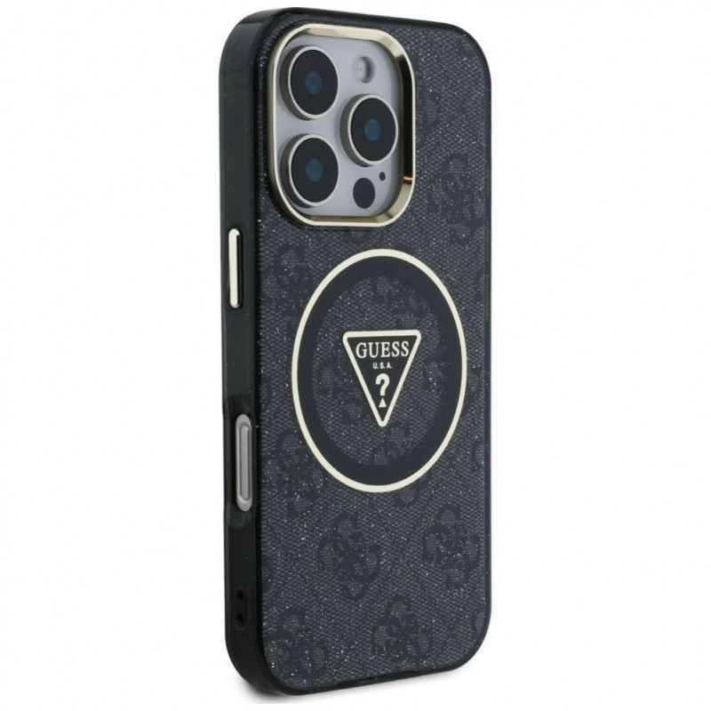 Guess GUHMP16LHG4PRTGK IML Metal Glitter 4G Circle Triangle MagSafe Case for Apple iPhone 16 Pro, black