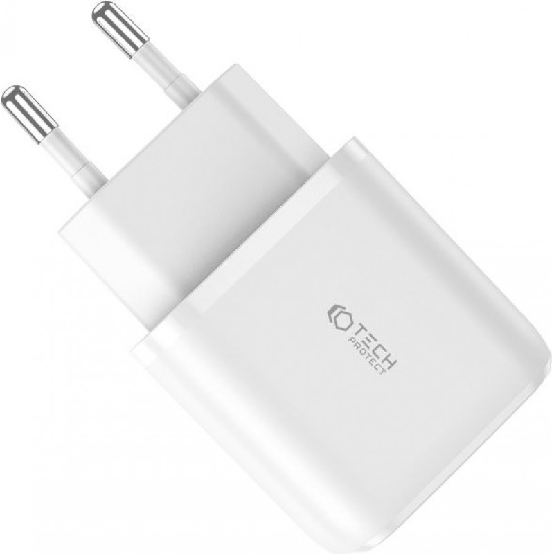 Tech-Protect C20W 2-port wall charger, USB-C PD 20W and USB-A QC 3.0, white