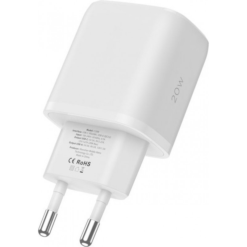 Tech-Protect C20W 2-port wall charger, USB-C PD 20W and USB-A QC 3.0, white