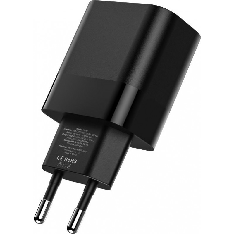 Tech-Protect C30W 2-port wall charger, USB-C PD 30W and USB-A QC 3.0, black