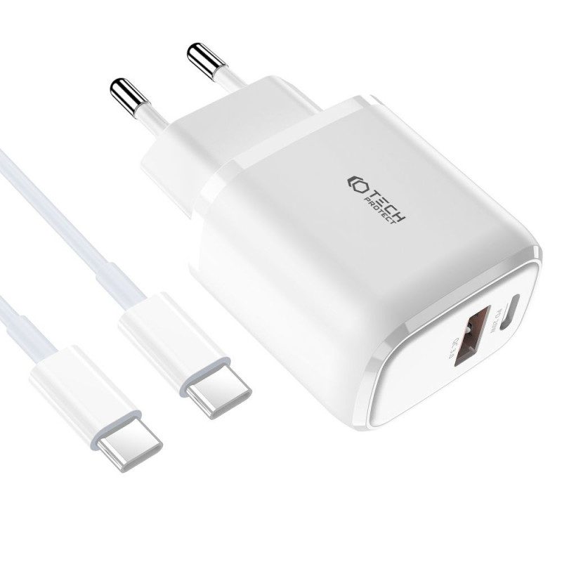 Tech-Protect C20W 2-port wall charger PD 20W QC 3.0 with USB-C cable, white