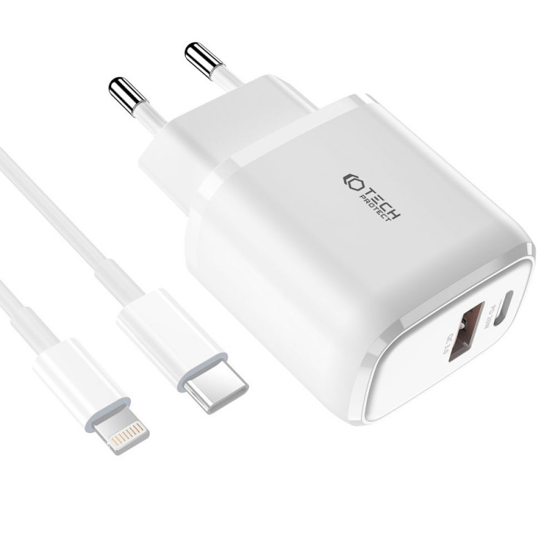 Tech-Protect C20W 2-port wall charger PD 20W QC 3.0 with Lightning cable, white