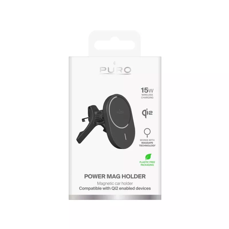 PURO Car Holder with Qi2 Charger, MagSafe Compatible, Black