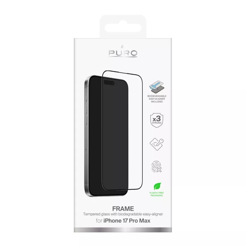 PURO Frame Tempered Glass for iPhone 17 Pro Max with Applicator and Black Frame