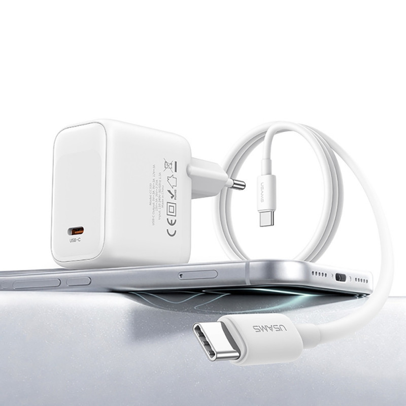 USAMS CC339 T76 45W GaN USB-C wall charger with SJ711 USB-C to USB-C cable (1 m), white