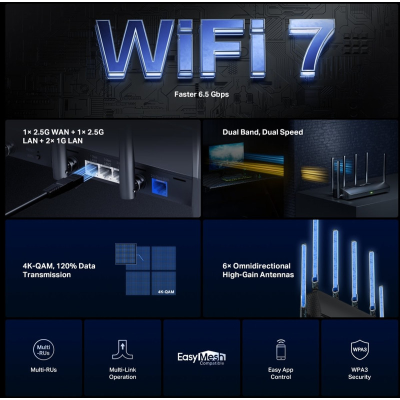 Mercusys MR37BE dual-band Wi-Fi 7 router, up to 6500 Mbps