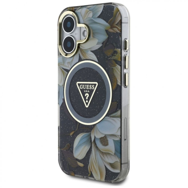 Guess Glitter Flowers Triangle Buttons MagSafe Case for Apple iPhone 16, black