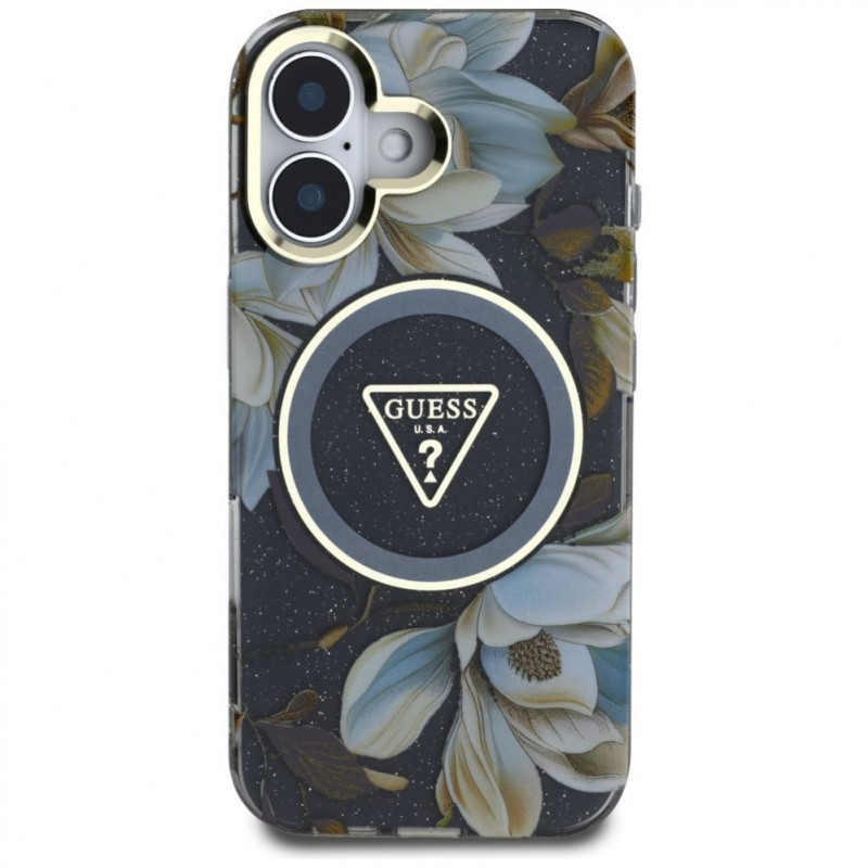 Guess Glitter Flowers Triangle Buttons MagSafe Case for Apple iPhone 16, black