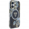 Guess Glitter Flowers Triangle Buttons MagSafe Case for Apple iPhone 16, black
