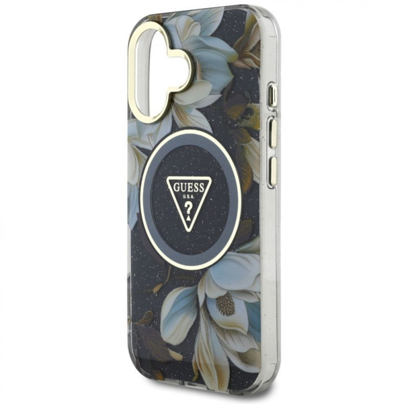 Guess Glitter Flowers Triangle Buttons MagSafe Case for Apple iPhone 16, black