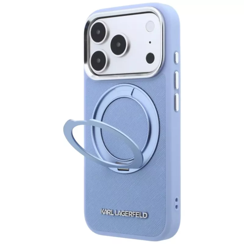 Karl Lagerfeld Ring Stand 360 Saffiano Classic Logo MagSafe Case for Apple iPhone 18 Pro Max / 17 Pro Max, Light Blue (KF003176)