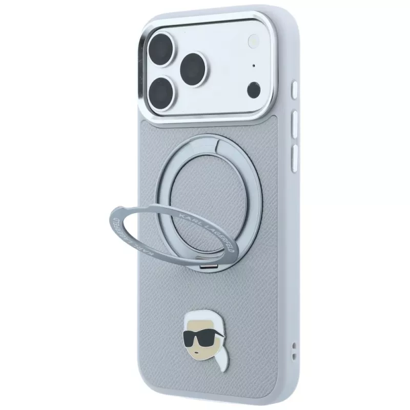 Karl Lagerfeld with Ring Stand 360 Karl Head Pin MagSafe Case for Apple iPhone 18 Pro / 17 Pro, Grey (KF003235)