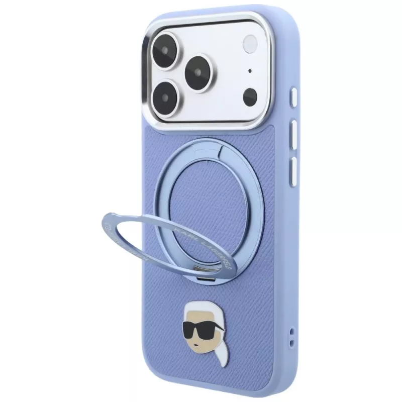 Karl Lagerfeld with Ring Stand 360 Karl Head Pin MagSafe Case for Apple iPhone 18 Pro Max / 17 Pro Max, Light Blue (KF003238)