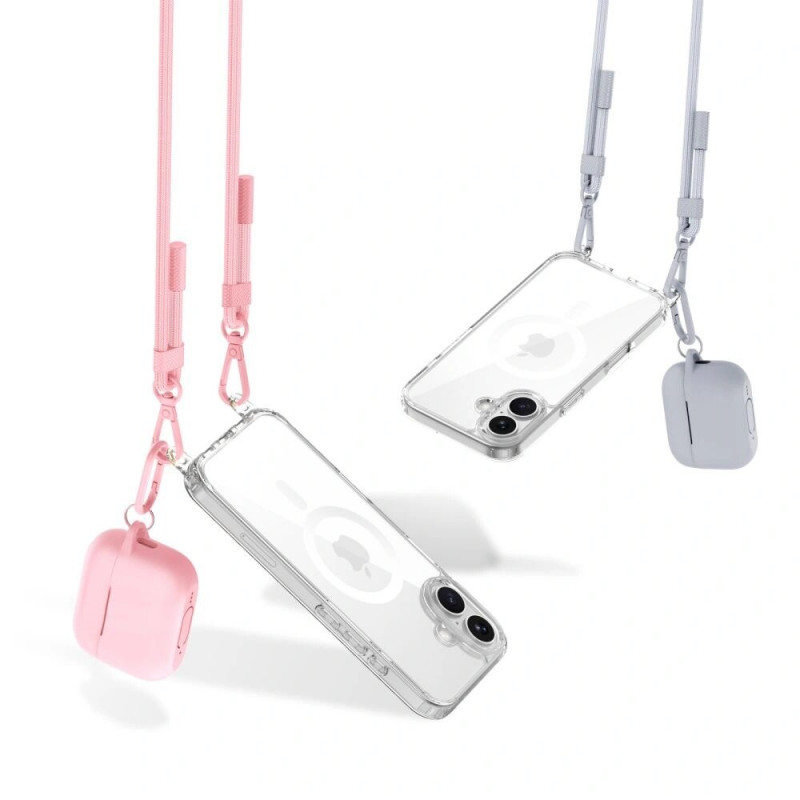 Tech-Protect FlexAir Chain MagSafe Case for Apple iPhone 16, Clear, with Grey and Pink Lanyards