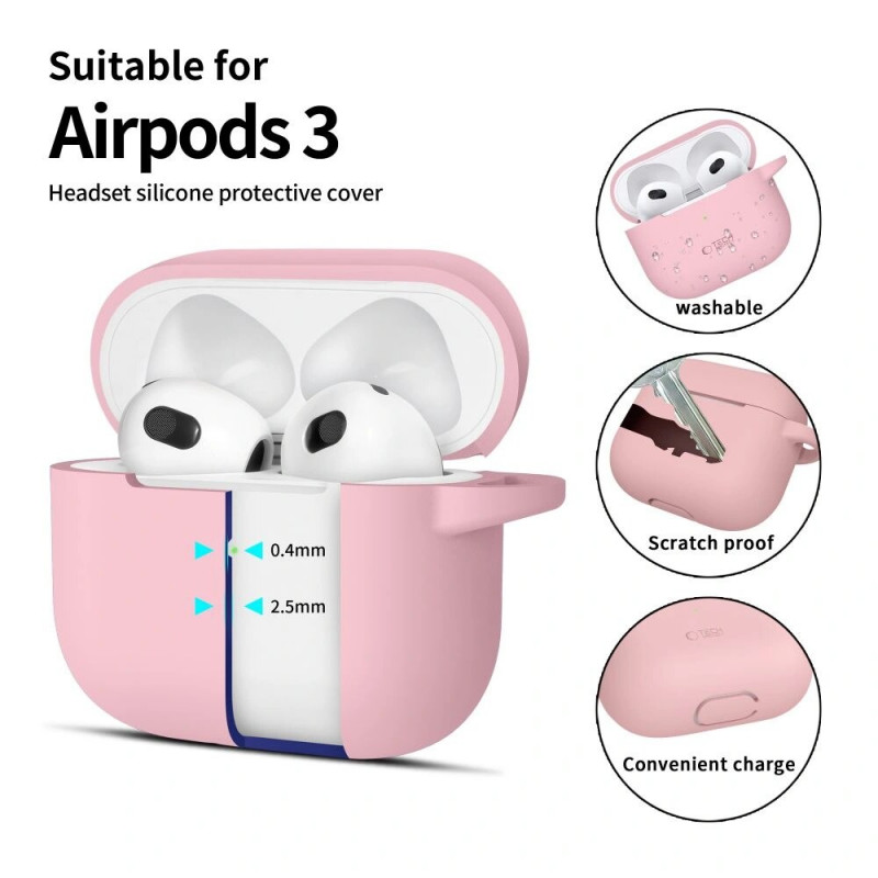 Tech-Protect Silicone Hook case for Apple AirPods 3 with carabiner, Dusty Pink