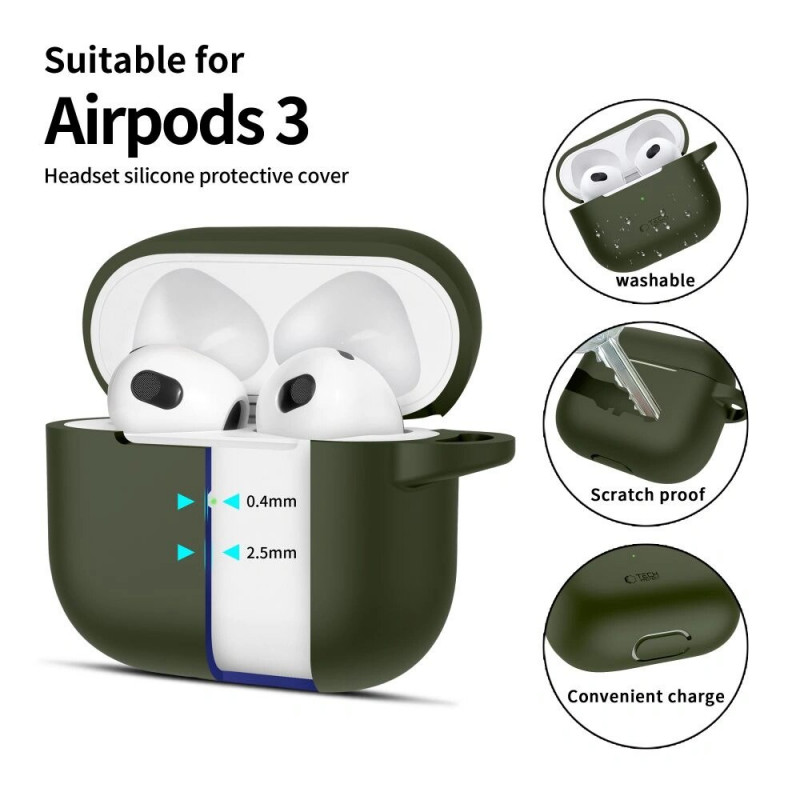 Tech-Protect Silicone Hook case for Apple AirPods 3 with carabiner, Olive Green