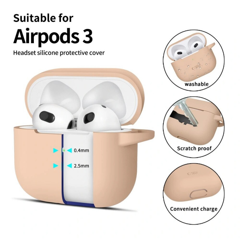 Tech-Protect Silicone Hook case for Apple AirPods 3 with carabiner, Caffe Latte