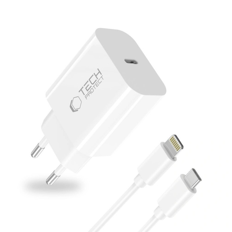 Tech-Protect NC20W 1-port USB-C Wall Charger PD 20W with Lightning Cable, White, 100 cm