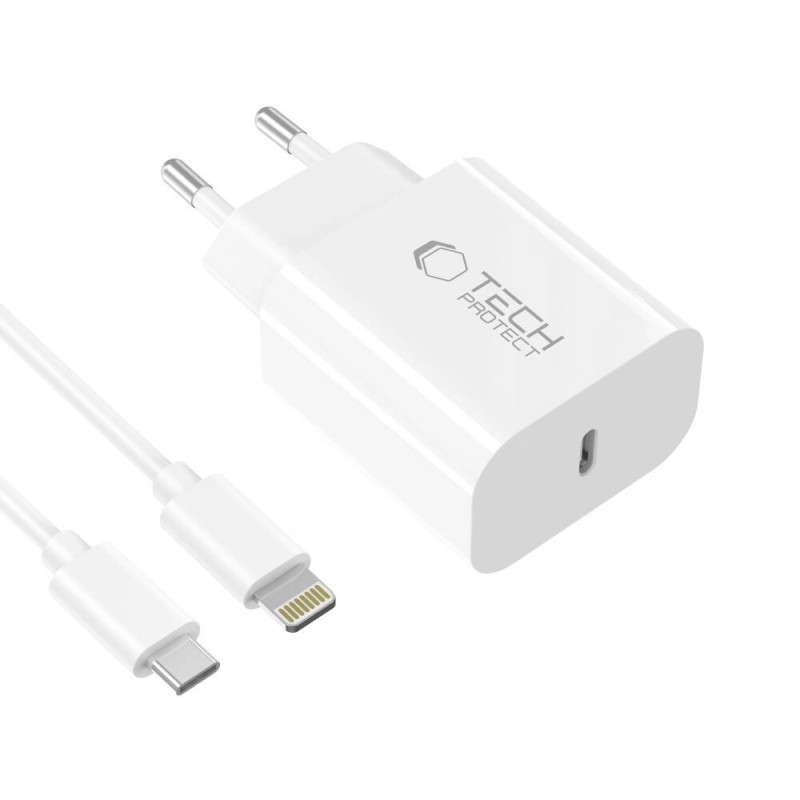 Tech-Protect NC20W 1-port USB-C Wall Charger PD 20W with Lightning Cable, White, 100 cm