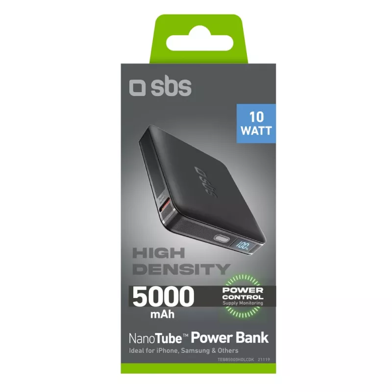 SBS HD 10W 5000mAh USB-C Power Bank with LCD Display, Black