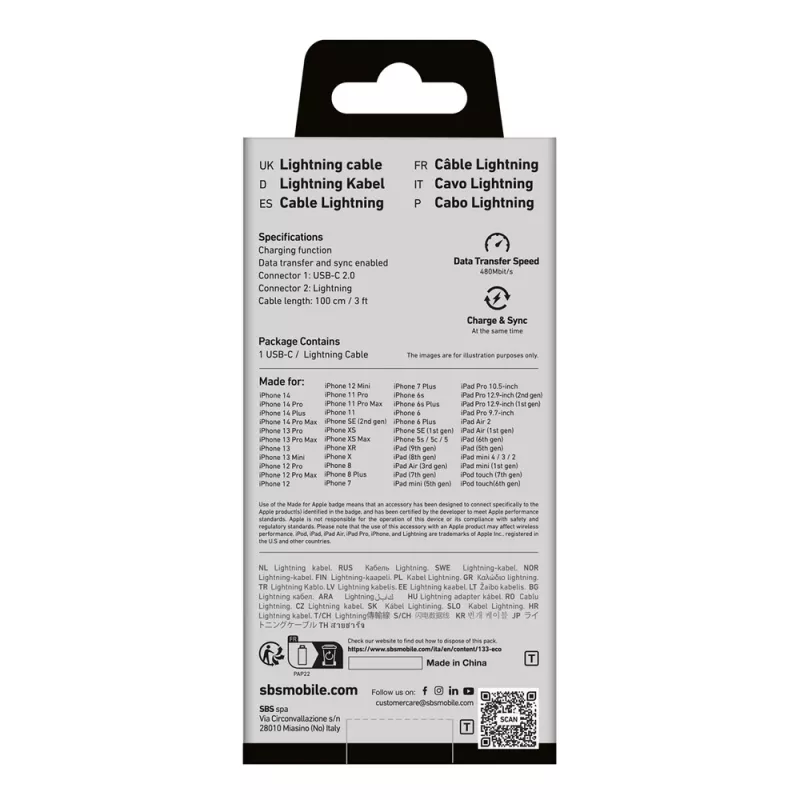SBS TECABLELIGTC1K USB-C to Lightning Cable, 1 m, Black