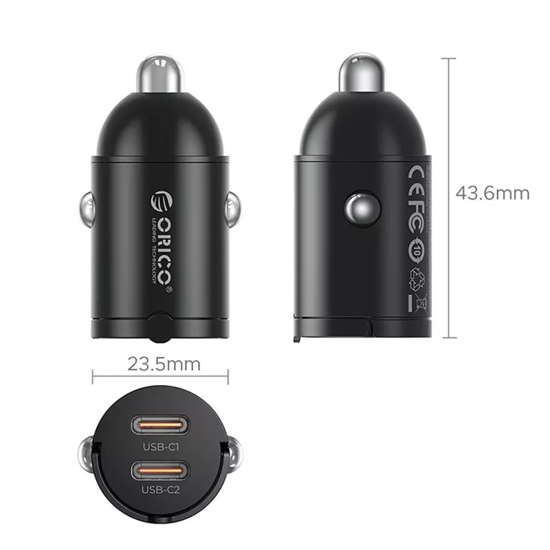 Orico MiniRing MR-30-2C 30W 2x USB-C Car Charger, Black