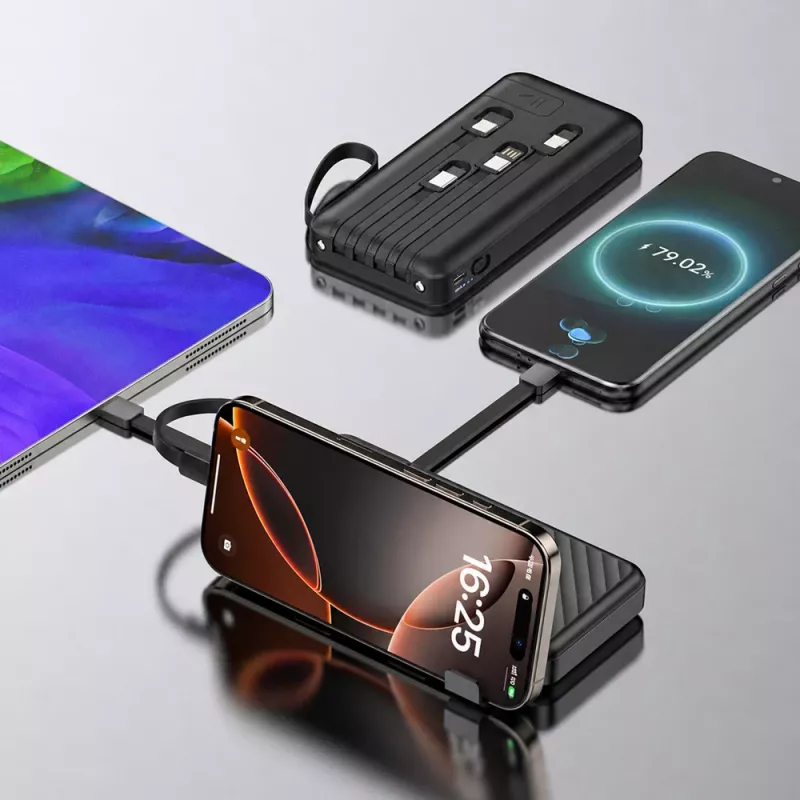 Wozinsky W11-B 10000mAh 10W Power Bank with Built-in Cables and Flashlight, Black