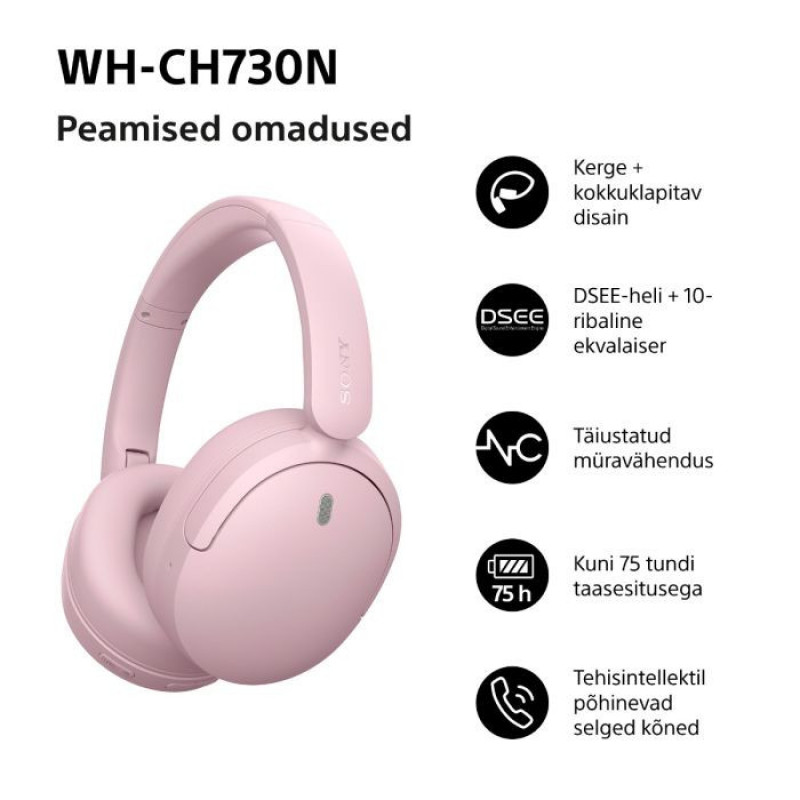 Sony WH-CH730N Bluetooth Over-Ear Headphones with Microphone, Pink