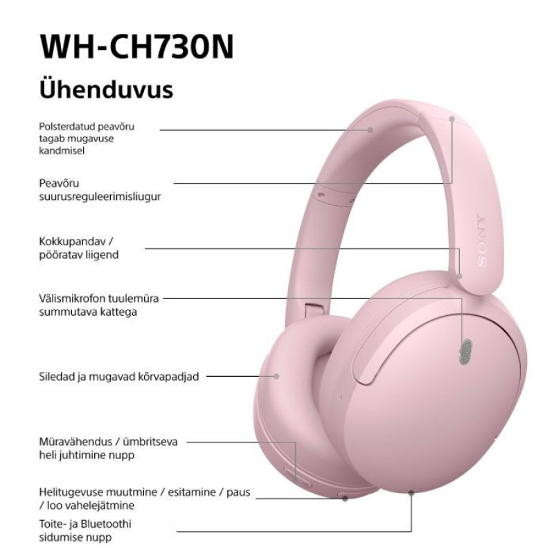 Sony WH-CH730N Bluetooth Over-Ear Headphones with Microphone, Pink
