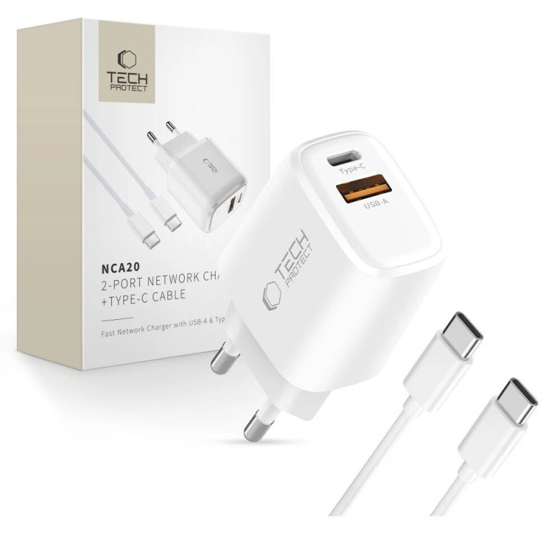 Tech-Protect NCA20 USB-A / USB-C wall charger PD 20W / QC3.0 with USB-C / USB-C cable 100 cm, White