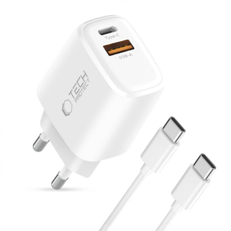 Tech-Protect NCA20 USB-A / USB-C wall charger PD 20W / QC3.0 with USB-C / USB-C cable 100 cm, White