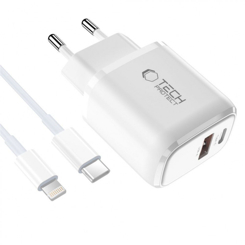 Tech-Protect NCA20 USB-A / USB-C wall charger PD 20W / QC3.0 with USB-C / Lightning cable 100 cm, White