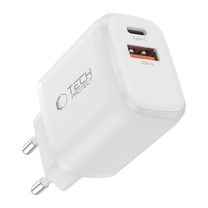 Tech-Protect NCA20 USB-A / USB-C wall charger PD 20W / QC3.0 with USB-C / Lightning cable 100 cm, White