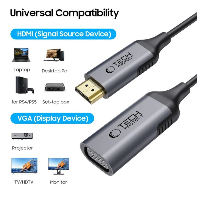 Tech-Protect UltraBoost HDMI / VGA Adapter, FHD 1920 x 1080, 60Hz, Black