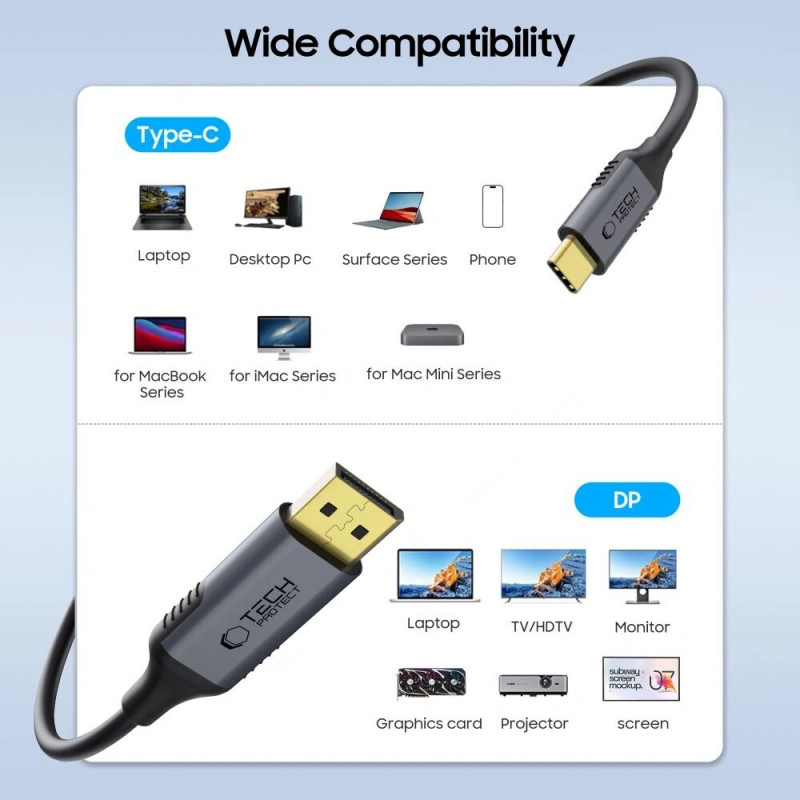 Tech-Protect UltraBoost USB-C to DisplayPort 1.4 Cable, 8K 60Hz, 180 cm, Black