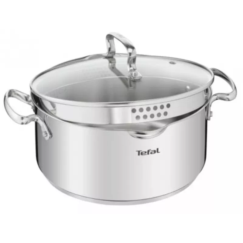 Tefal Duetto+ G7194655 Saucepan, Round, Stainless Steel, 24 cm, Glass Lid